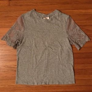 Forever 21 Gray Top with Embroidered Lace Sleeves